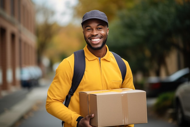 Service de messagerie de livraison Homme de livraison avec une casquette jaune et un uniforme tenant une boîte en carton qui livre