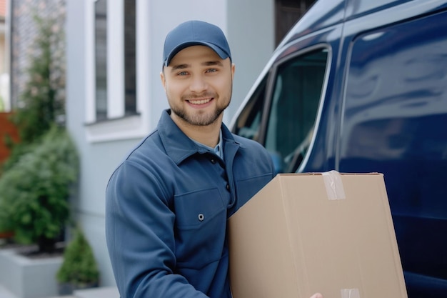 Photo service de messagerie de livraison homme de livraison en casquette rouge et en uniforme tenant une boîte en carton près d'un camion qui livre au domicile du client