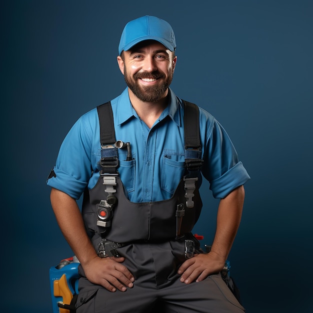 Service de plomberie professionnel sur un fond bleu massif