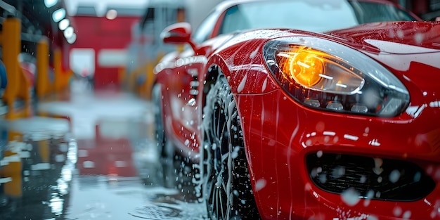 Service de qualité et d'entretien Une voiture rouge fait nettoyer ses phares dans un lavage de voiture Concept Maintenance de la voiture Nettoyage des phares Service de qualité Lavage de voiture Voiture rouge