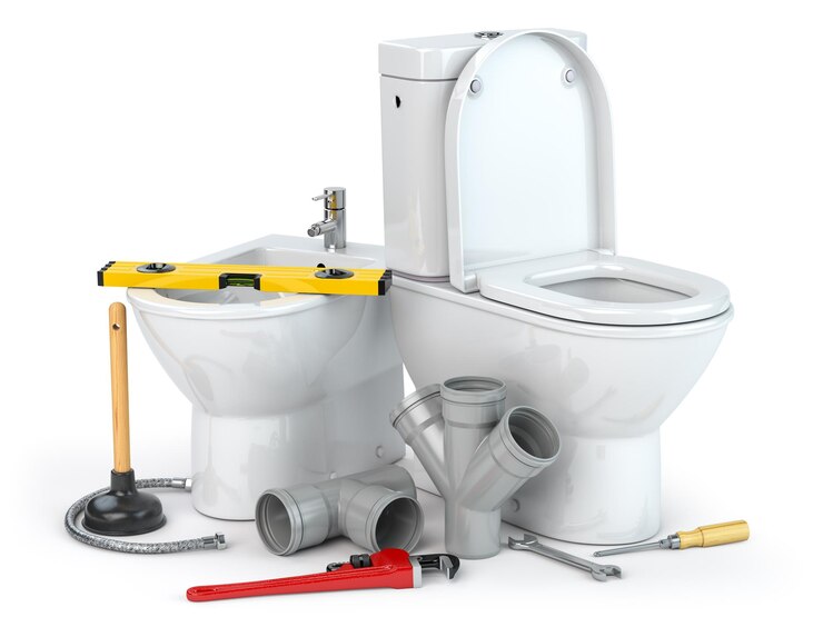 Photo service de réparation de plomberie cuvette et bidet avec outils de plomberie pour plombier et tubes en plastique pvc