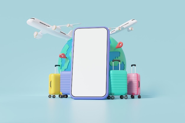 Service de réservation en ligne de voyage de dessin animé minimal sur mobileTourisme voyage en avion planification tour du monde avec emplacement de broche valise de recherche loisirs tourisme vacances concept d'été illustration de rendu 3d