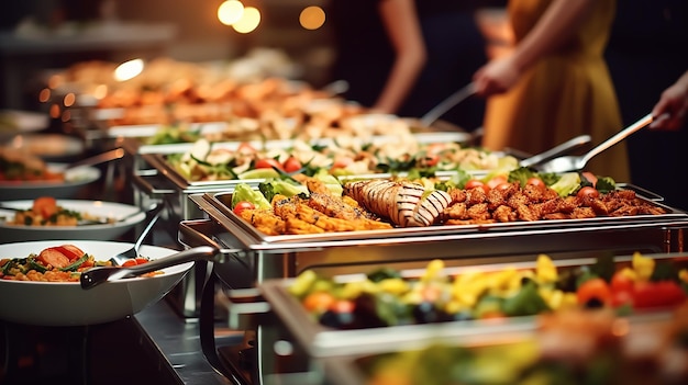 Service de restauration buffet à l'intérieur d'un restaurant avec viande, fruits, légumes et repas colorés