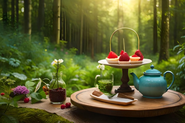 Un service à thé avec des fraises et une théière sur une table dans la forêt