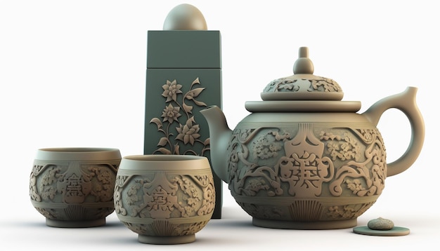 Service à thé en jade chinois exquis sur fond blanc