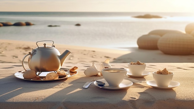 Un service à thé sur une plage Generative AI Art