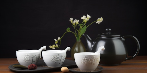 Un service à thé avec quatre tasses blanches et un vase de fleurs en arrière-plan.