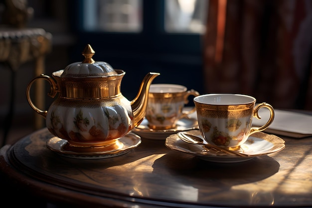 Un service à thé avec une théière et des tasses
