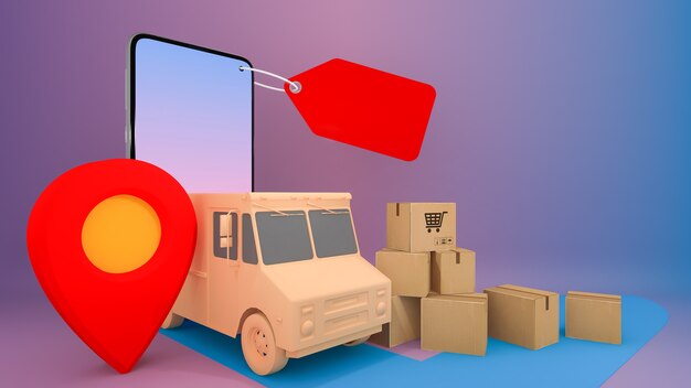 Service de transport de commande d'application mobile en ligne., Shopping en ligne et concept de livraison., Rendu 3D.