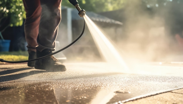 Les services routiers lavent l'asphalte de la route en versant un ruisseau d'eau