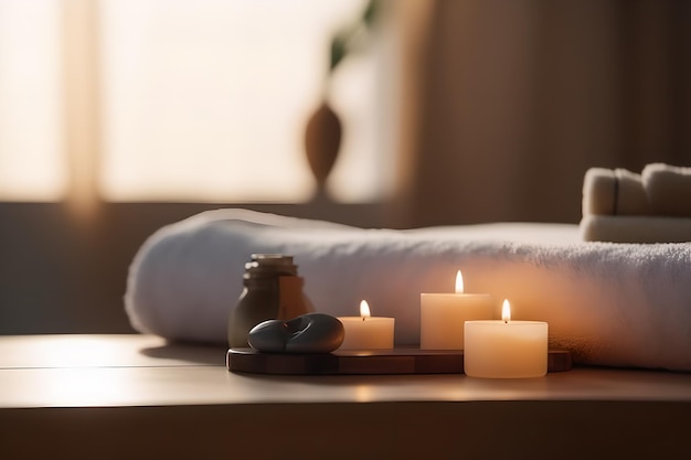 Une serviette blanche est drapée sur une table avec des bougies et une serviette blanche.