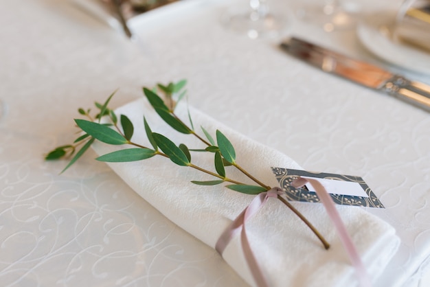 Serviette blanche, nouée avec un ruban rose poussiéreux avec des branches d'eucalyptus