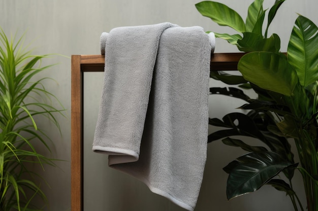Une serviette grise est dans la salle de bain.