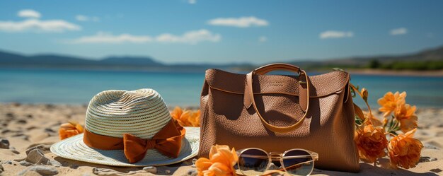 Sur une serviette de plage sur une belle plage en été des lunettes de soleil un chapeau de paille et un sac sont vus