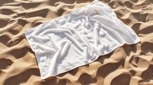 Photo une serviette de plage blanche et douce sur le sable la serviette est ridée et a une surface texturée le sable est beige et a une texture fine