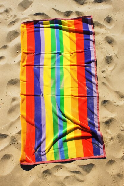 Photo une serviette de plage colorée avec des rayures d'arc-en-ciel est posée sur le sable