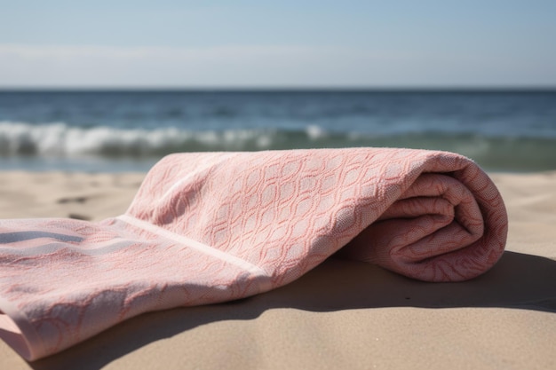 Photo serviette rose avec motif sur la plage avec mer et ciel bleu créé à l'aide de la technologie générative ai