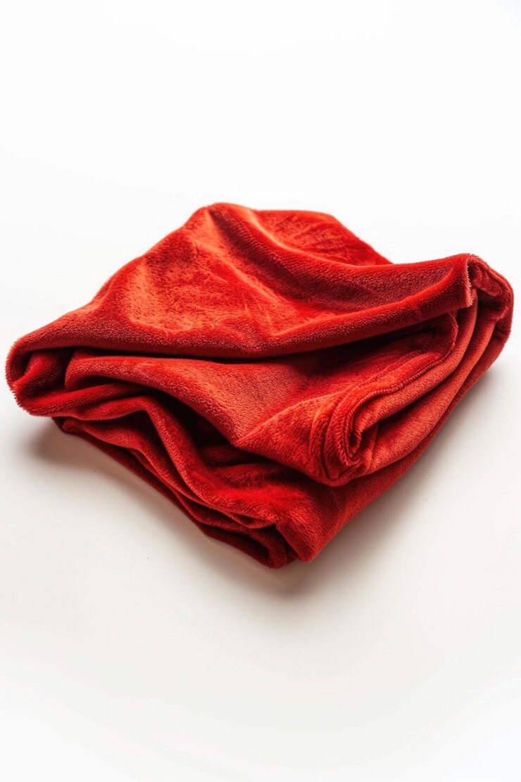 Une serviette rouge pliée est posée sur une surface blanche prête à l'utilisation
