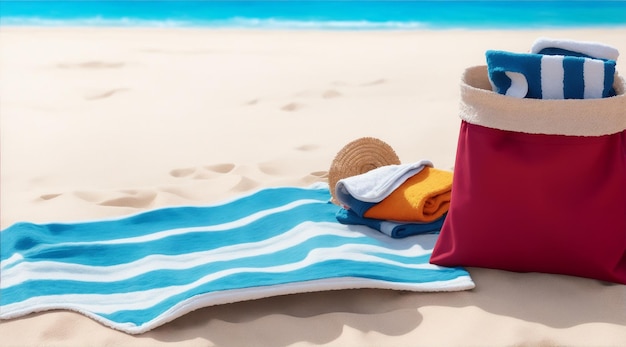 Une serviette et un sac sur le sable avec un arrière-plan flou de plage par Generative AI