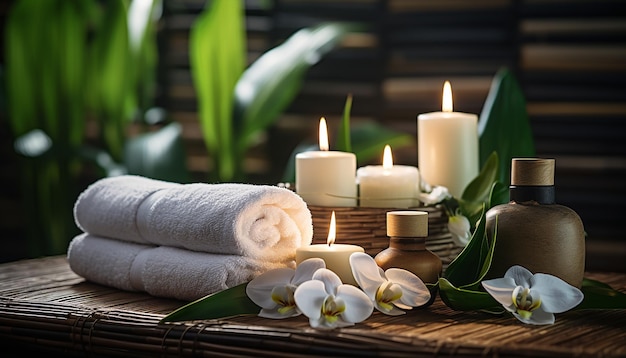 Serviettes en bambou et bougies pour un massage relaxant au spa Thème de relaxation minimal