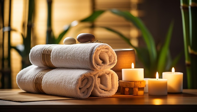 Serviettes en bambou et bougies pour un massage relaxant au spa Thème de relaxation minimal