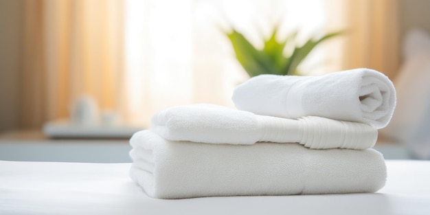 serviettes blanches fraîches sur le lit dans la chambre d'hôtel