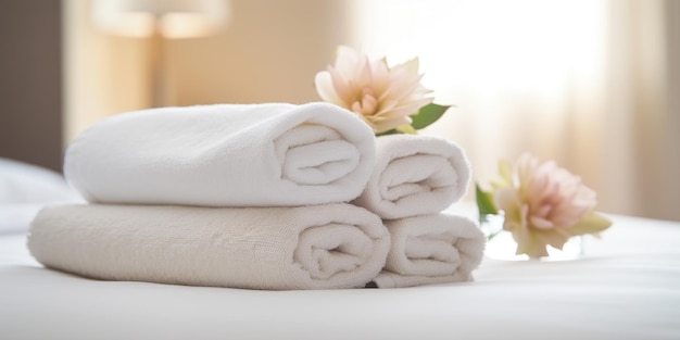serviettes blanches fraîches sur le lit dans la chambre d'hôtel