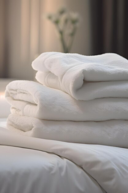 Des serviettes blanches propres sur un lit d'hôtel