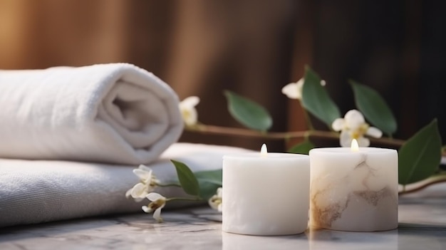 serviettes et bougies sur une table en marbre avec des fleurs et des feuilles ai générative