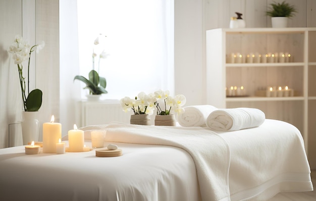 Des serviettes et des bougies sur la table de massage dans le salon de spa Un endroit pour se détendre