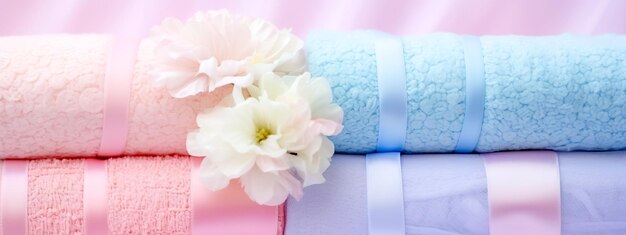 serviettes douces aux couleurs pastel avec des fleurs fraîches dans la bannière du centre de bien-être