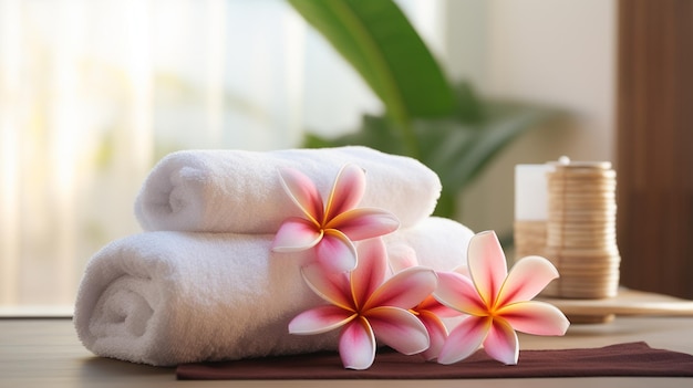 Des serviettes et des fleurs de plumeria concept de massage spa