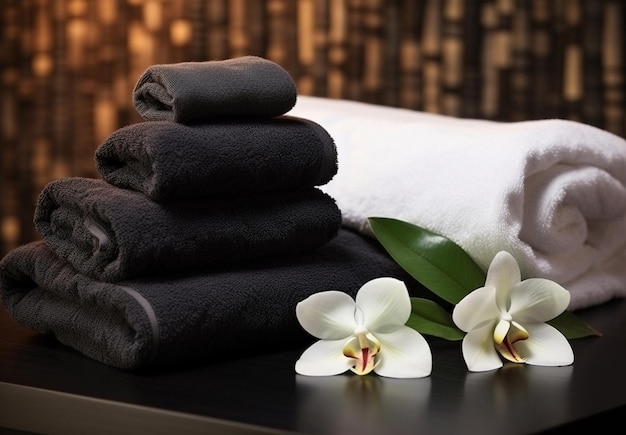 Serviettes noires et blanches sur table en bois au spa