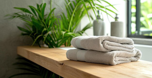 serviettes pliées sur un comptoir en bois avec plante