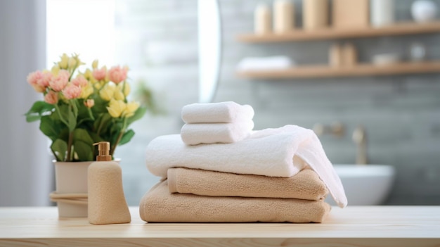 Des serviettes propres sur la table en bois de la salle de bain Espace pour le texte Des serviettes de bain dans la salle de bains