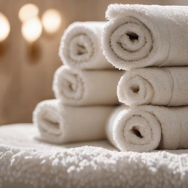 Des serviettes de spa blanches enroulées au focus sélectif vintage