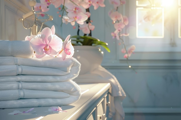 Photo des serviettes de spa vintage et des fleurs d'orchidées sur une salle de bain floue.