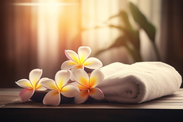 Serviettes sur une table avec une serviette et des fleurs dessus