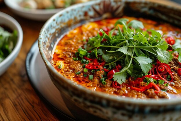 Photo servir chaud de soupe de nouilles épicée