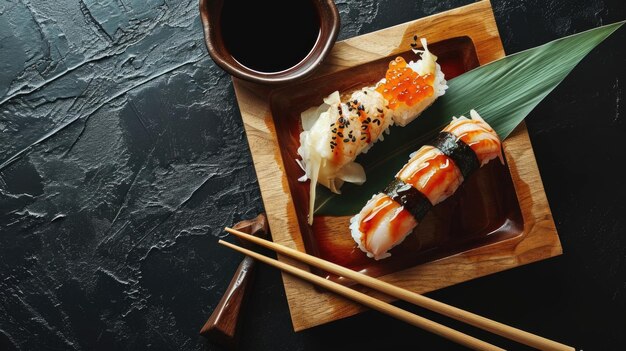 Servir du sushi et du maki avec du poisson rouge et de la sauce soja