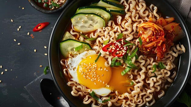 Photo servir une nouille instantanée de style coréen ramyeon ou ramyun avec une saveur épicée surmontée de generative ai