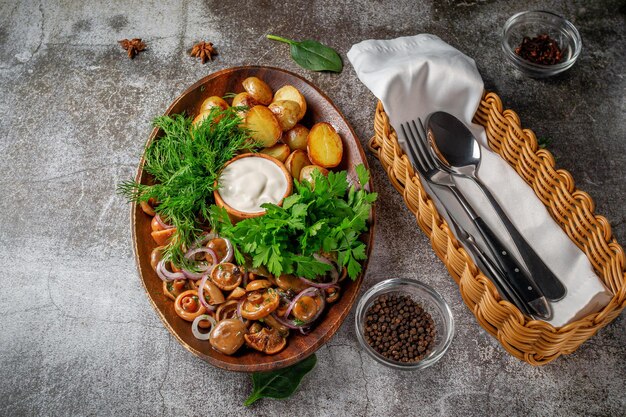 Servir un plat d'un menu de restaurant : pommes de terre au four de style campagnard avec champignons et oignons marinés, sauce à la crème, aneth et feuilles de persil sur une assiette sur fond de table en pierre grise