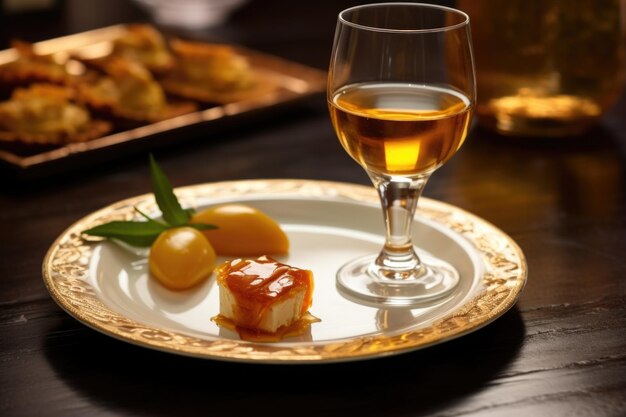 Servir un verre de sherry avec une tapa sur une assiette latérale