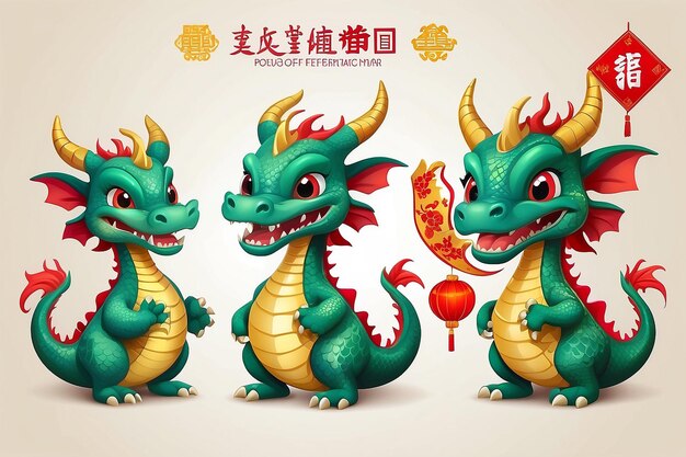 Set de 3 dessins de personnages de dessins animés pour le Nouvel An chinois 2024 année du dragon