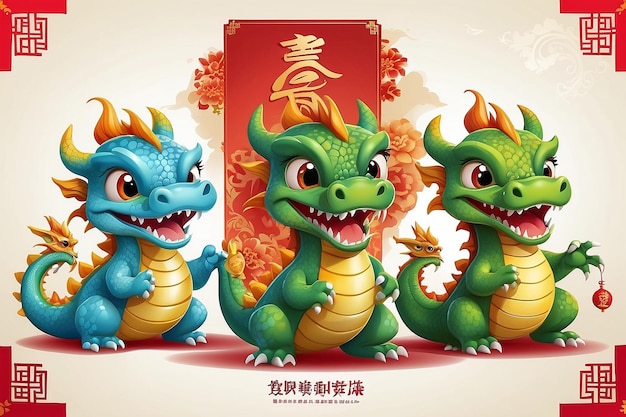 Set de 3 dessins de personnages de dessins animés pour le Nouvel An chinois 2024 année du dragon