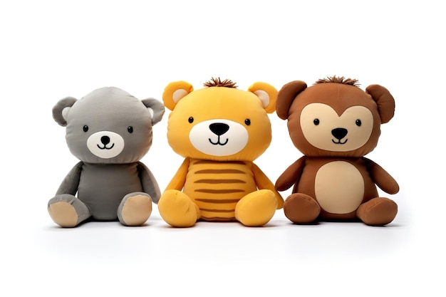 Set de 3 jouets d'animaux en peluche découpés sur fond blanc AI générative