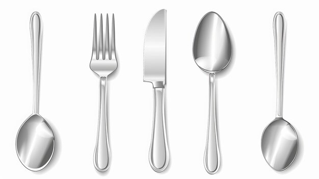 Photo set 3d de couteau à fourchette et de cuillère isolés sur fond blanc illustration réaliste moderne de la vaisselle de restaurant moderne