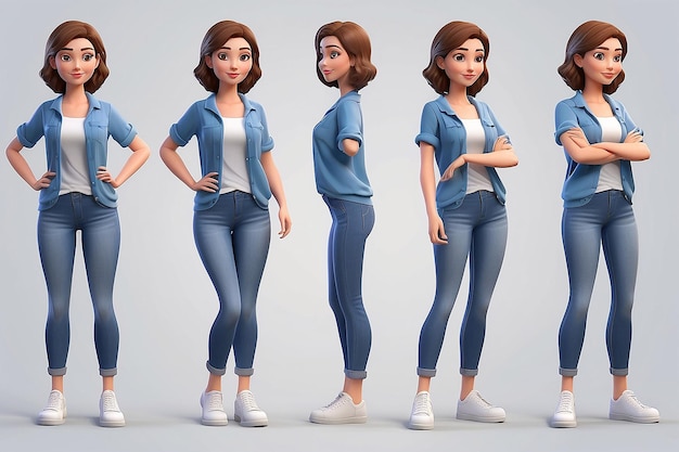 Set 3D d'une femme en vêtements décontractés dans différentes poses illustration dans un style de dessin animé 3D