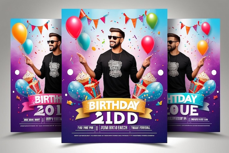 Photo set d'affiches verticales d'anniversaire avec des ballons colorés