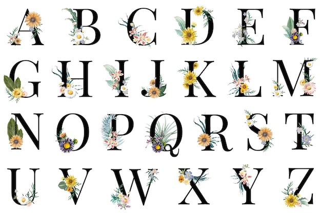 Set d'alphabets en png avec des lettres florales